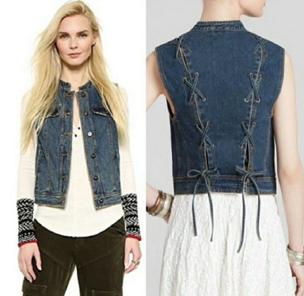 FREE PEOPLE Rugged Ripped Denim Lace Up Vest Womens Size Large Festival Boho